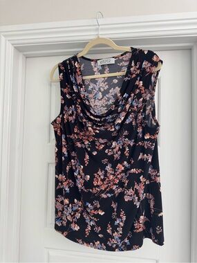 Kasper Navy Floral Draped Cowl Neck Sleeveless Top